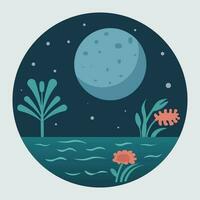 noche paisaje con luna, flores y plantas. vector ilustración en plano estilo.