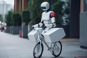 Robot riding a bicycle with a box in his hands. 3d rendering. An AI robot delivery man with a bicycle delivering food, photo