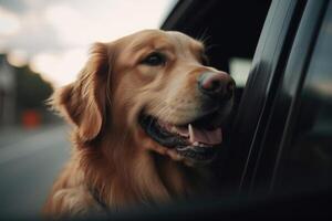 Cute Golden Retriever dog sitting in car and looking out the window photo