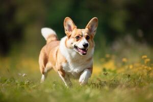 Adorable Welsh Corgi Pembroke dog running in the grass photo