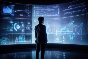 Back view of businessman looking at digital business infographs on virtual screen, A businessman looking at a digital hologram display. photo
