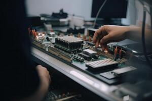 Closeup of hands of a technician repairing a computer motherboard. A small computer controlled industrial machine, operated by a human hand, photo