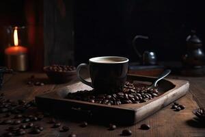 Coffee cup and coffee beans on a wooden table. Dark background. A cup of hot dark coffee with aromatic roasted coffee beans on top, photo