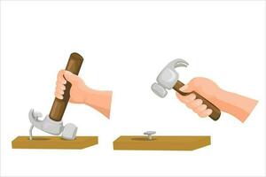 hands holding a hammer, hitting and pulling out nails vector