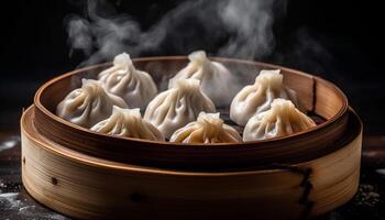 Steamed Chinese dumplings, a healthy gourmet meal in Chinatown generated by AI photo