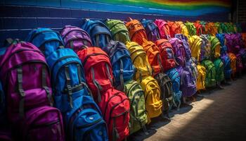 Multi colored backpacks stacked side by side, waiting for adventure generated by AI photo