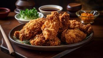 Fried chicken leg with savory sauce on rustic wooden plate generated by AI photo