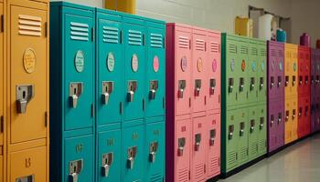 Modern metal lockers in a row, varying colors and patterns generated by AI photo