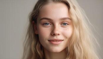 Beautiful blond girl with blue eyes exudes confidence and happiness generated by AI photo