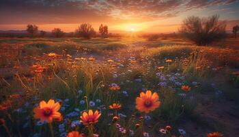 vibrante flores silvestres floración en inculto prado a atardecer, idílico belleza generado por ai foto