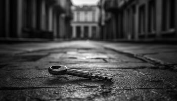 metal key unlocks old fashioned door in black and white generated by AI photo