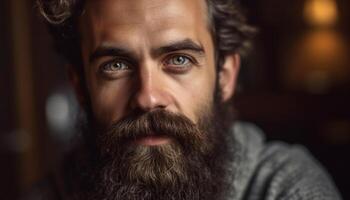 hermoso joven hombre con Bigote y grave expresión mirando confidente generado por ai foto