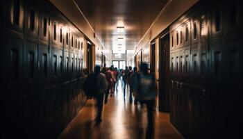 commuters walking in blurred motion through crowded subway station generated by AI photo