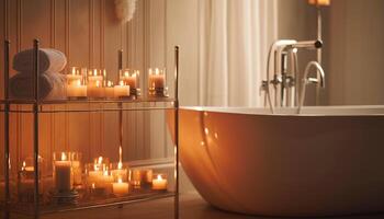 Luxury candlelit spa treatment in modern bathroom with glowing flame generated by AI photo