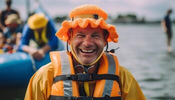 Smiling men enjoy nautical adventure, sailing with excitement and joy generated by AI photo