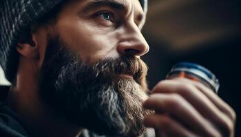 Confident young adult man holding drink, looking at camera outdoors generated by AI photo