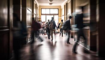 Rush hour commuters walking in blurred motion through crowded subway station generated by AI photo