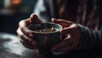 Hot drinks bring warmth and joy to winter relaxation indoors generated by AI photo