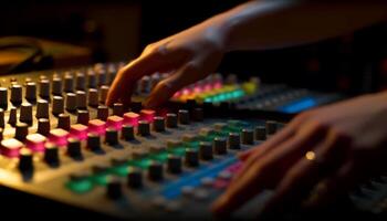 Professional sound engineer adjusting mixer knobs in recording studio generated by AI photo