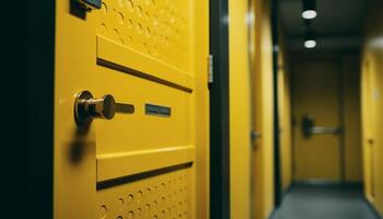 Modern business cabinet with yellow locker, steel lock, and security generated by AI photo