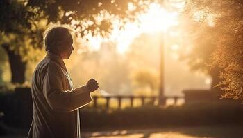 Active senior men jogging outdoors at sunrise for wellbeing generated by AI photo