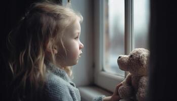 Smiling girl embraces teddy bear, surrounded by beauty and love generated by AI photo