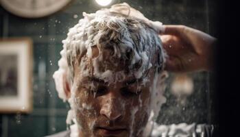 limpiar y Fresco uno mujer disfrutando un relajante ducha adentro generado por ai foto