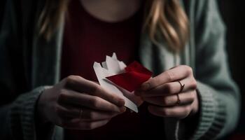 Beauty holding gift, sadness in foreground Giving love indoors generated by AI photo