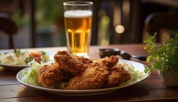 Fried chicken wings with buffalo sauce, served on wooden plate generated by AI photo