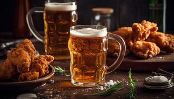 rústico pub sirve gastrónomo aperitivos y cerveza negra alemán cerveza generado por ai foto