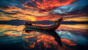 Sailing ship reflects multi colored sky on tranquil seascape at dusk generated by AI photo