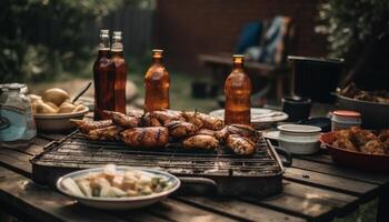 Grilled steak and skewered chicken, barbecue feast on rustic table generated by AI photo