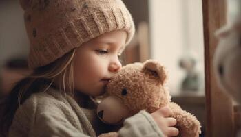 linda caucásico niña sonriente, participación osito de peluche oso, jugando adentro felizmente generado por ai foto