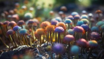 Abstract macro of single wildflower in wet meadow, selective focus generated by AI photo