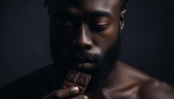 Handsome young man holding chocolate snack exuding confidence and sensuality generated by AI photo