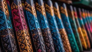 vibrante colores de indígena cultura en un estampado textil colección generado por ai foto