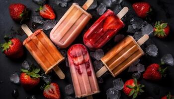 Rustic blueberry chocolate dessert on wooden table with frozen yogurt generated by AI photo