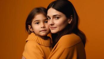 Mother and daughter embracing, smiling with love in studio shot generated by AI photo