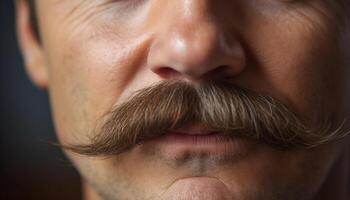 grave mayor hombre con gris barba y Bigote, cerca arriba retrato generado por ai foto