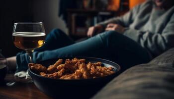 uno hombre descansando en sofá, Bebiendo vino, disfrutando gastrónomo comida generado por ai foto