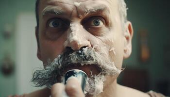 man daily grooming routine includes shaving with shaving cream generated by AI photo