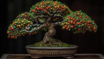 Japanese juniper tree in ornate vase, fresh green decoration generated by AI photo