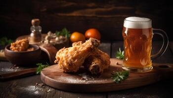 Grilled meat on rustic table, perfect pub food appetizer generated by AI photo