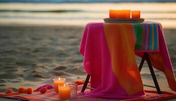 Tropical sunset celebration burning candle, multi colored drink, orange fruit decoration generated by AI photo