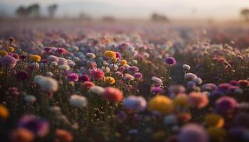 vibrante flores silvestres florecer en tranquilo prado a puesta de sol oscuridad generado por ai foto