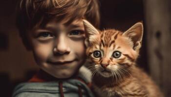 sonriente niño abraza juguetón gatito en reconfortante retrato adentro generado por ai foto