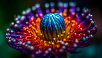 Vibrant purple flower head with dew, close up in nature beauty generated by AI photo