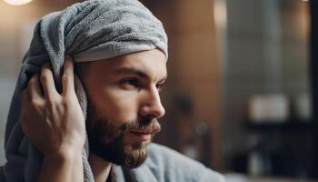 Confident young man in hooded shirt listens to music indoors generated by AI photo