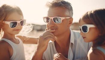 familia divertido en el sol, Gafas de sol y sonrisas brillante brillante generado por ai foto