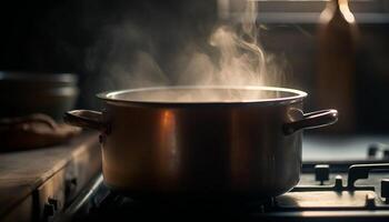 Healthy stew simmering on stove top in stainless steel saucepan generated by AI photo